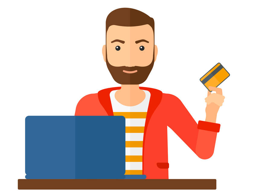 Drawn person in front of a laptop with a credit card in hand